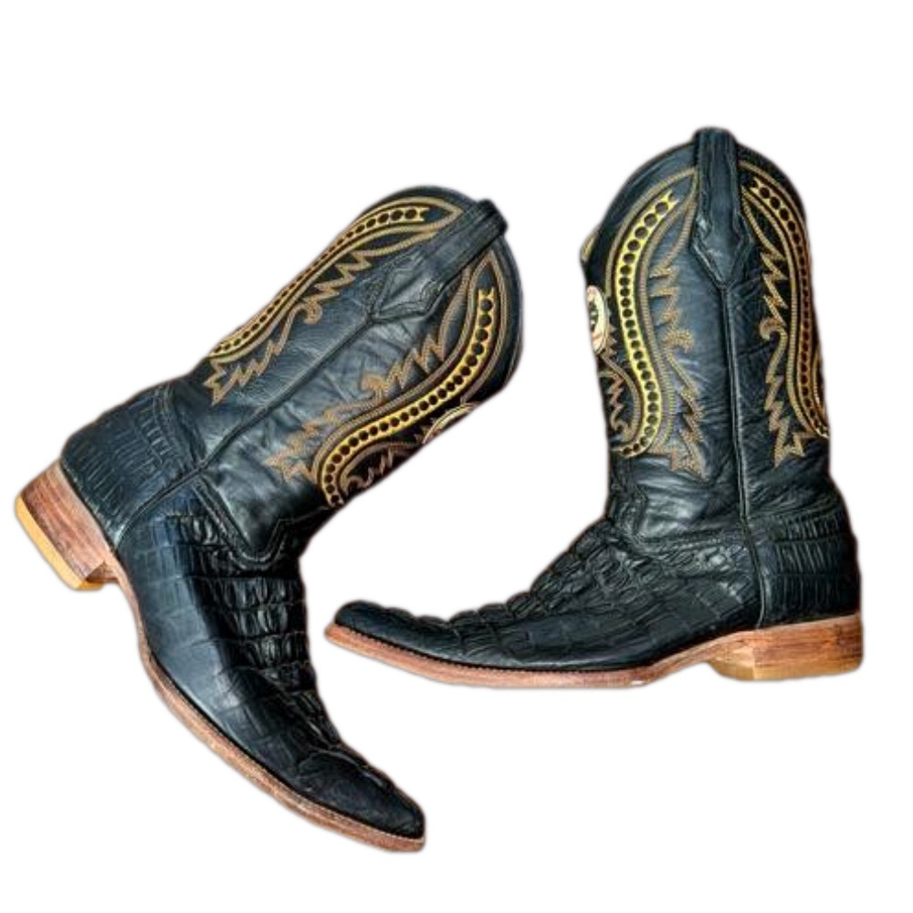Donaldo leather black cowboy boots size 9.5 crocodile gold embroidered